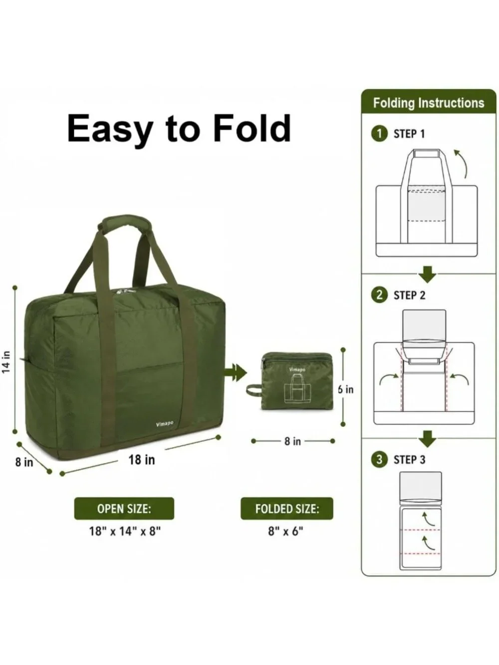 Lightweight Foldable Travel Duffle Bag with Trolley Sleeve, 40L Capacity, Army